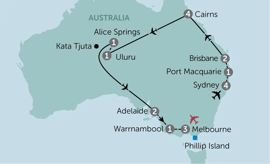 Australia Map of escorted tour holidays