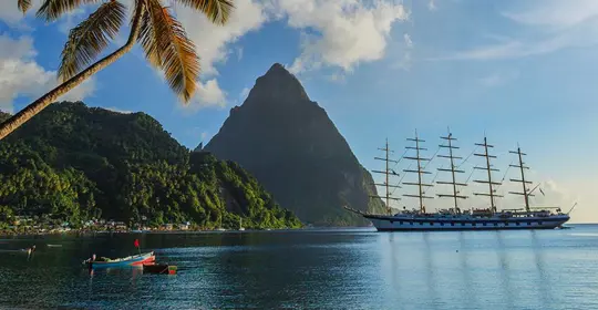 A large pirate-style ship by Pitons, St Lucia