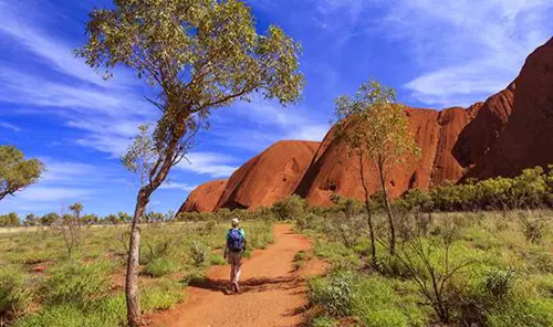 A person walking towards mountains