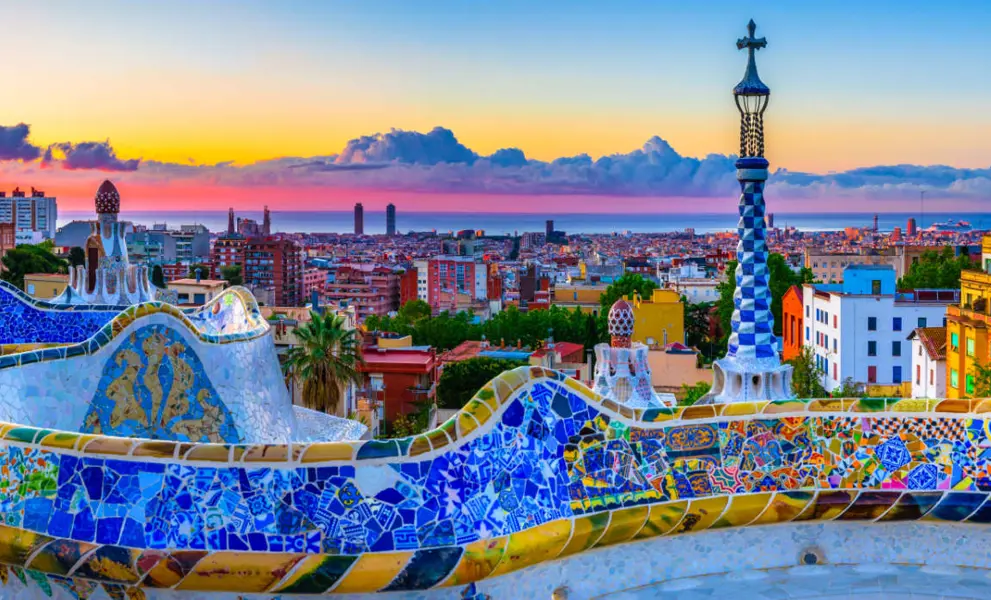 Skyline panorama of Barcelona at sunrise. Spain